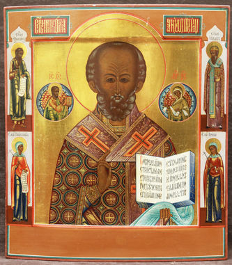 Старинная икона "Святитель Николай Чудотворец" с предстоящими