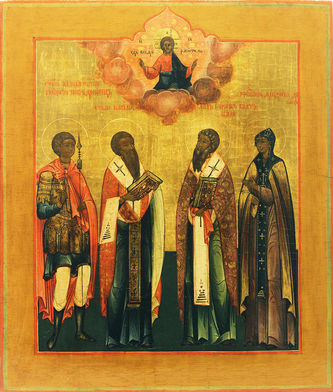 Старинная икона "Георгий Победоносец святой великомученик, святой Василий Великий, святой апостол Иаков, святая преподобномученица Феодосия" - фото 2