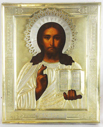 Старинная икона "Господь Вседержитель" (Спаситель) в серебряном окладе