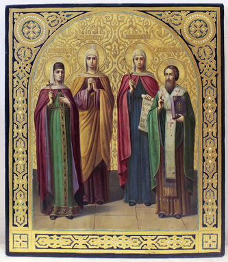 Старинная икона "Святая княгиня Ольга, святая мученица Елизавета, святая великомученица Параскева, святой Василий Великий" - фото 2