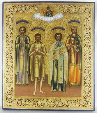 Старинная икона "Святая праведная Анна, святой Божий человек Алексей, Александр, святая великомученица Варвара" - фото 2