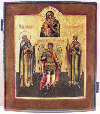 Старинная икона "Михаил Архангел, святая Екатерина, Федоровская Божья Матерь, Преподобный Михаил Клопский"