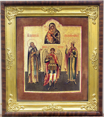 Старинная икона "Михаил Архангел, святая Екатерина, Федоровская Божья Матерь, Преподобный Михаил Клопский" - фото 5