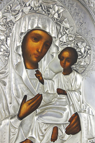 Старинная икона "Божья Матерь Тихвинская" в серебряном окладе - фото 3