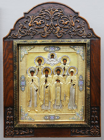 Старинная икона "Святые благоверный князь Михаил, Николай Мирликийский чудотворец, праведный Иоанн Рыльский, пророк Моисей, мученица Ирина, преподобный Сергей Радонежский"