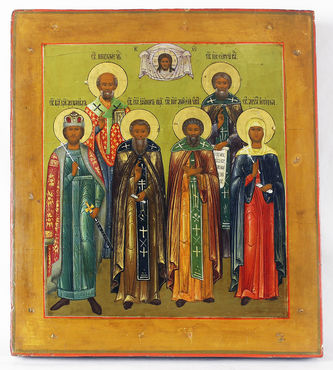 Старинная икона "Святые благоверный князь Михаил, Николай Мирликийский чудотворец, праведный Иоанн Рыльский, пророк Моисей, мученица Ирина, преподобный Сергей Радонежский" - фото 3