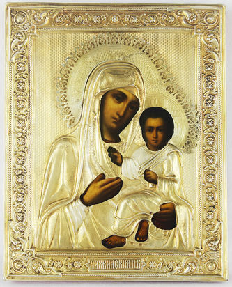 Фабрика Галкиных Семена и Петра
Венчальная пара иконы антикварные - "Господь Вседержитель" и Божья Матерь "Тихвинская" - фото 2