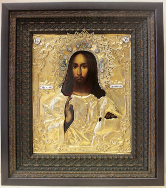 Антикварная икона "Господь Вседержитель" в окладе с эмалью