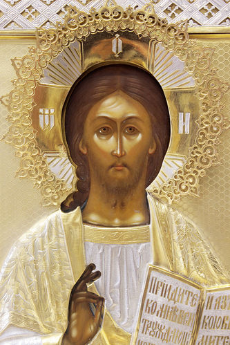 Антикварная икона Христа Спасителя в окладе с выемчатой эмалью - фото 2