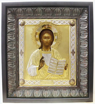 Антикварная икона Христа Спасителя в окладе с выемчатой эмалью - фото 5