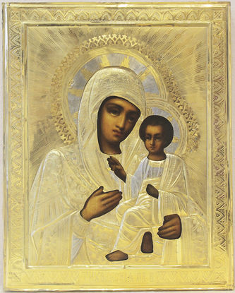 Старинная икона "Богоматерь Тихвинская" в серебряном окладе