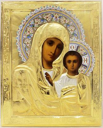 Старинная икона "Богоматерь Казанская" в серебряном окладе с расписной эмалью