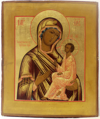 Старинная икона "Богоматерь Тихвинская" в серебряном окладе - фото 2