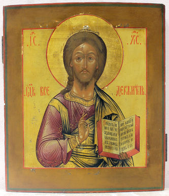 Антикварная икона "Господь Вседержитель" в окладе с эмалью - фото 2