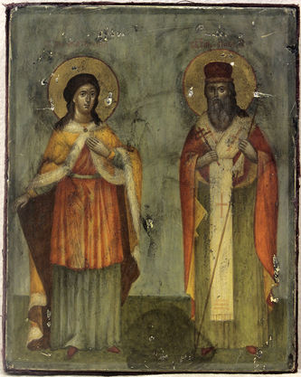 Старинная икона "Святая великомученица Екатерина и святой Павел" - фото 3