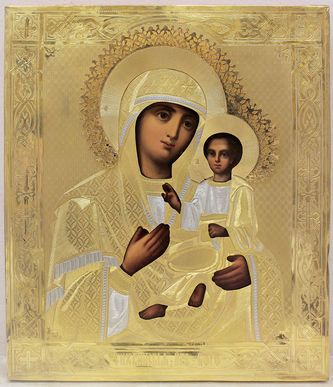 Старинная икона Богоматерь "Тихвинская" в серебряном окладе