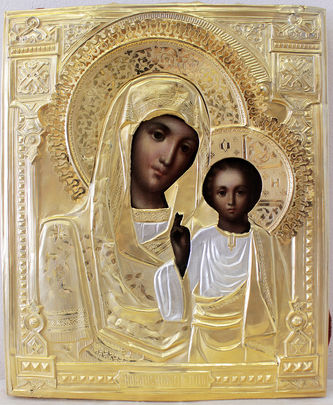 Антикварная икона "Богоматерь Казанская" в серебряном окладе