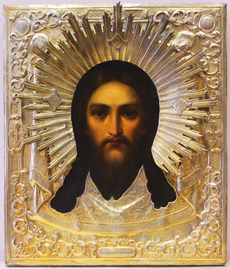 Мастер Фетисов М.Н.
Антикварная икона "Спас Нерукотворный (Спас на убрусе)" в серебряном окладе