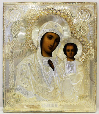 Антикварная икона "Богоматерь Казанская" в серебряном окладе