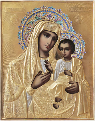 Фабрика Галкиных Семена и Петра
Старинная икона "Богоматерь Иверская" в окладе с эмалью