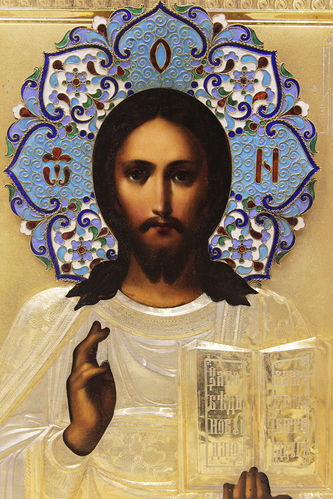 Антикварная икона "Господь Вседержитель" в окладе с эмалевым венцом - фото 2