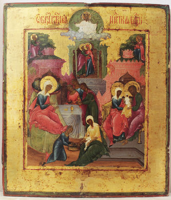 Старинная икона "Рождество Пресвятой Богородицы" в золоченом окладе - фото 2