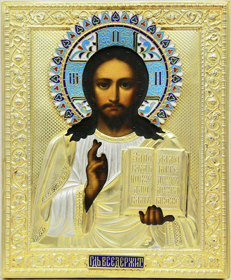 Фабрика Галкиных Семена и Петра
Старинная икона "Господь Вседержитель" в окладе с эмалью