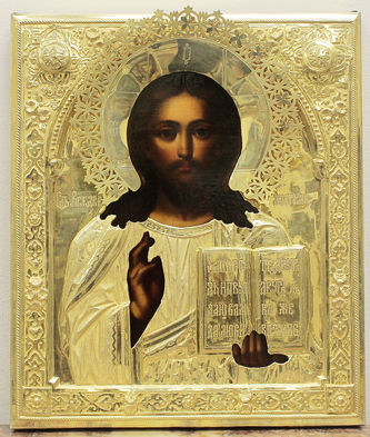 Антикварная икона "Господь Вседержитель" в серебряном окладе