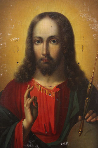 Старинная икона "Господь Вседержитель с державой и скипетром" в окладе с растительным орнаментом - фото 3