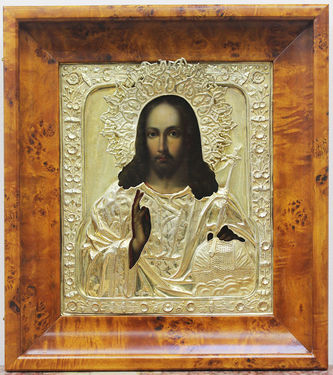 Старинная икона "Господь Вседержитель с державой и скипетром" в окладе с растительным орнаментом - фото 4