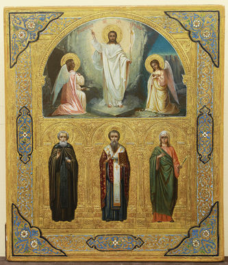 Антикварная икона "Воскресение Христово, святой преподобный Иоанн, Василий Парийский и великомученица Ирина"