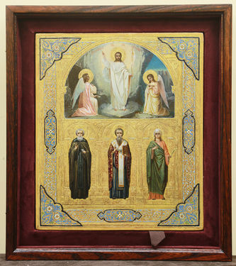 Антикварная икона "Воскресение Христово, святой преподобный Иоанн, Василий Парийский и великомученица Ирина" - фото 4