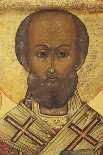 Старинная икона "Николай Чудотворец" в серебряном окладе с предстоящими архангелом Михаилом и преподобный Сергием Радонежским - фото 3