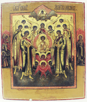 Мастер Колотошин А.Ф.
Старинная икона "Собор архистратига Михаила" в серебряном окладе - фото 2