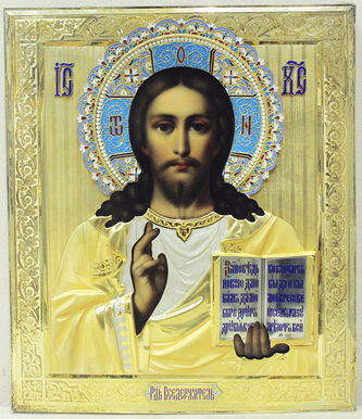 Старинная икона "Господь Вседержитель" в серебряном окладе с эмалью