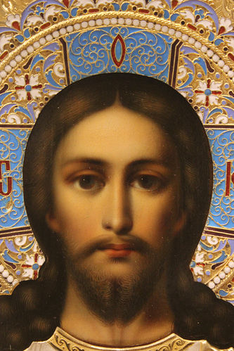 Старинная икона "Господь Вседержитель" в серебряном окладе с эмалью - фото 2