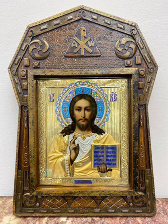 Старинная икона "Господь Вседержитель" в серебряном окладе с эмалью - фото 4