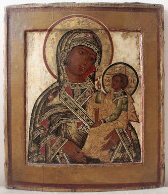 Старинная икона "Богоматерь Шуйско-Смоленская" в окладе с бисером, жемчугом и камнями - фото 3