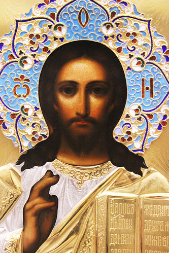 Антикварная икона "Господь Вседержитель" в окладе с перегородчатой эмалью - фото 2