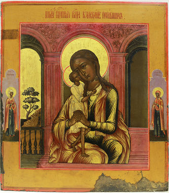 Старинная икона "Образ Пресвятой Богородицы Взыскание погибших" с предстоящими святыми мученицами Татьяной и Агафьей