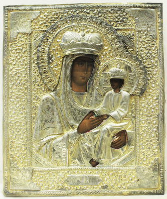 Старинная икона Богоматери "Споручница грешных" в окладе