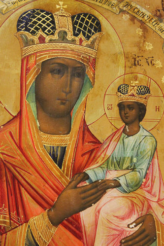 Старинная икона Богоматери "Споручница грешных" в окладе - фото 3