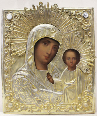 Старинная икона "Богоматерь Казанская" в окладе в русско-византийском стиле