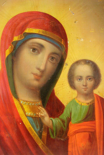 Старинная икона "Богоматерь Казанская" в окладе в русско-византийском стиле - фото 3