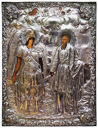 Мастер Андриянов Павел
Старинная икона "Архистратиг Михаил и святой Иов" в окладе - фото 2