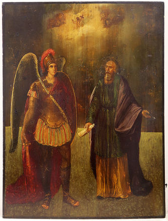 Мастер Андриянов Павел
Старинная икона "Архистратиг Михаил и святой Иов" в окладе - фото 3