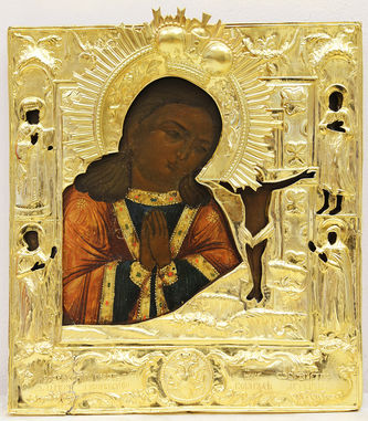 Старинная икона Божией Матери "Ахтырская" с предстоящими - святым Димитрием, св. муч. Никитой, св. Алексием, св. муч.Татьяной в серебряном окладе