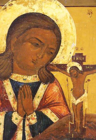 Старинная икона Божией Матери "Ахтырская" с предстоящими - святым Димитрием, св. муч. Никитой, св. Алексием, св. муч.Татьяной в серебряном окладе - фото 3