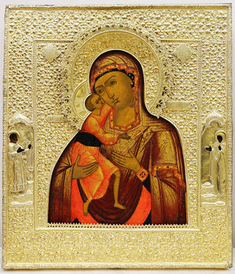 Старинная икона "Богоматерь Феодоровская" в серебряном окладе с предстоящими святыми