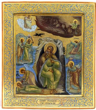 Старинная икона "Огненное восхождение Ильи пророка"